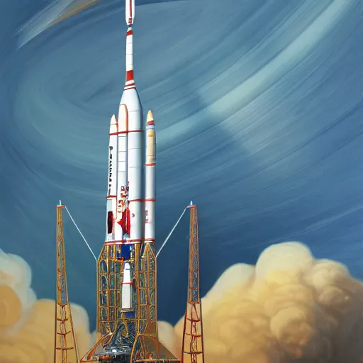 Prompt: illustration of Saturn V going to Mars, realistic painting, high definition, digital art, matte painting, very detailed, realistic