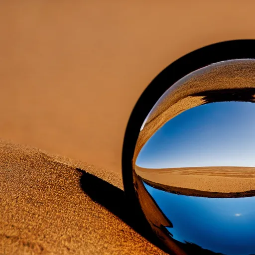 Prompt: macro photo bright day of a tiny sphere with a mirrored surface on the ground in the gobi desert