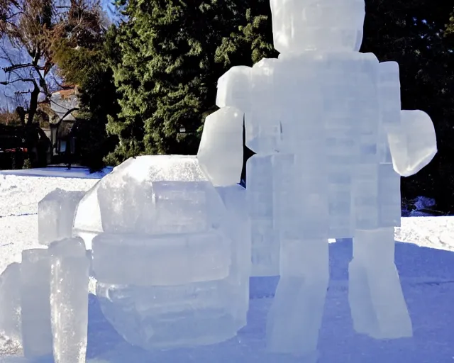 Prompt: ice sculpture. there is a little blonde boy inside a robot made of ice. the ice sculpture is a mecha inspired igloo.