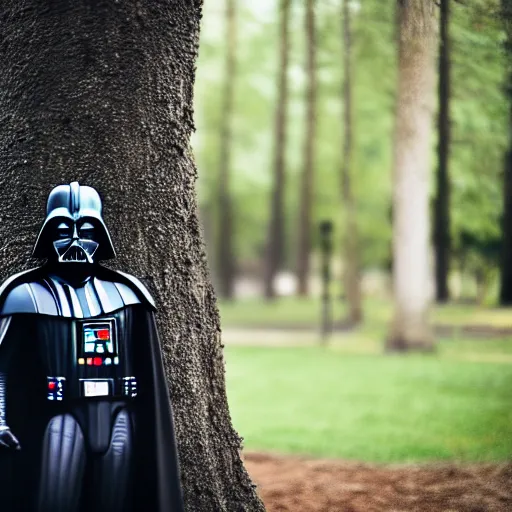 Prompt: high quality photo of darth vader hiding behind a tree, photography 4k, f1.8 anamorphic, bokeh, 4k, Canon, Nikon