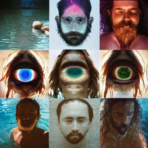 Prompt: three eyed hairy gods, third eye in middle of forehead, wide wide shot, photograph, wet hairy bodies, wet feet in water, bodies, soft colors, wet eye in forehead, pins, very detailed, wet eyes reflecting into eyes reflecting into infinity, beautiful lighting