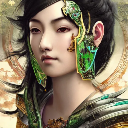 Image similar to portrait black hair young knights of Dynasty Warriors girl, metallic green armor, in ruin fire chinese palace sunrise, ssci-fi and fantasy, intricate and very beautiful and elegant, highly detailed, digital painting, soft light, artstation, concept art, smooth and sharp focus, illustration, art by tian zi and WLOP and alphonse mucha