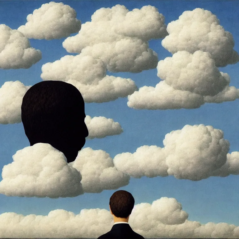 Image similar to portrait of a man whos head is hidden with a cloud, by rene magritte, detailed painting, hd, hq, high resolution, high detail, 4 k, 8 k