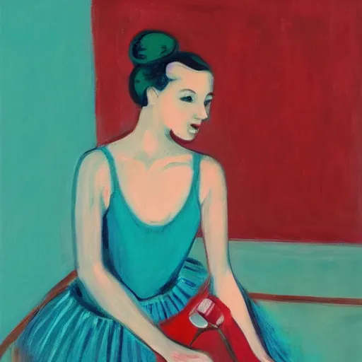 Image similar to painting of a ballerina drinking wine in a teal room, red background