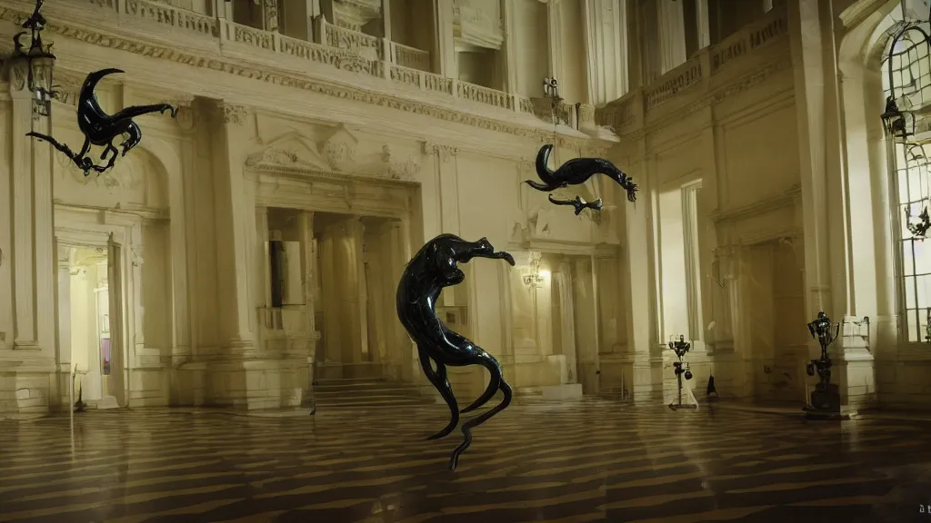 Image similar to the strange creature in city hall, made of wax and water, film still from the movie directed by Denis Villeneuve with art direction by Salvador Dalí, ultra low angle