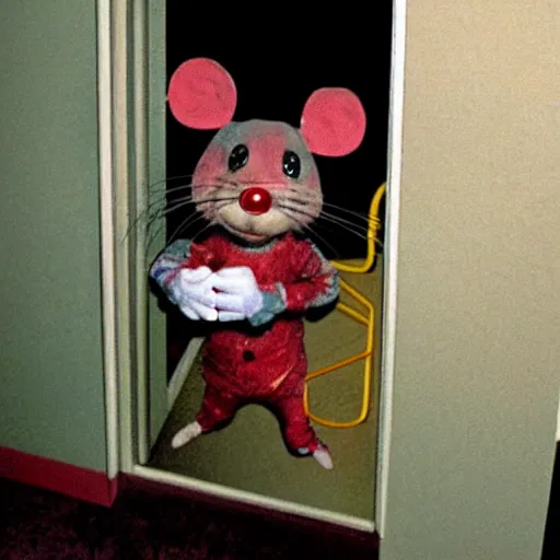 Image similar to horror creepypasta chuck E cheese mouse breaking into room, hyperrealistic blood and eyes, cursed image