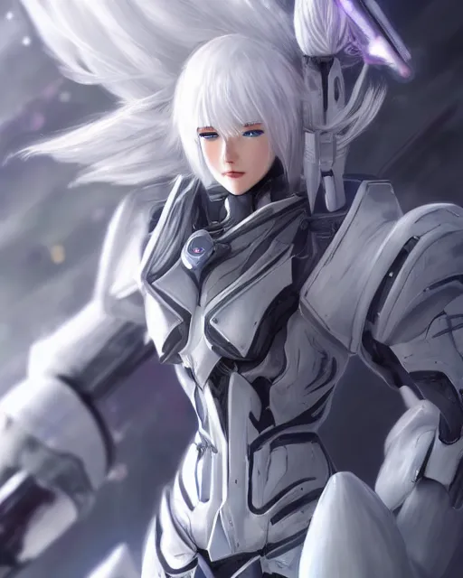 Image similar to perfect white haired girl, warframe armor, beautiful, dreamy, half asian, pretty face, blue eyes, detailed, windy weather, scifi platform, laboratory, experiment, 4 k, ultra realistic, epic lighting, cinematic, high detail, masterpiece, art by akihito tsukushi, akasuki voidstar