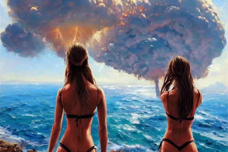 Prompt: girl with a ponytail wearing bikini looking at a nuclear bomb test, expressive oil painting, digital art, high quality, by michael garmash, by rob rey, by artgerm, by greg rutkowski, beautiful girl, apocalyptic, huge nuclear mushroom cloud