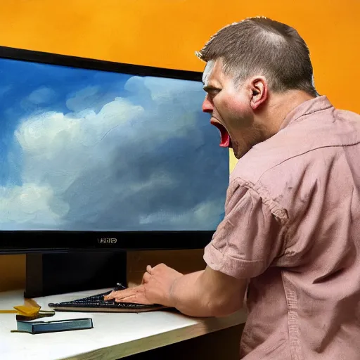 Image similar to an angry man yells at his computer monitor, oil on canvas, highly detailed, high resolution