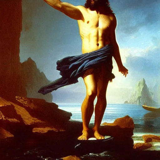 Prompt: Poseidon, the god of the sea, painting by Albert Bierstadt, dark colors