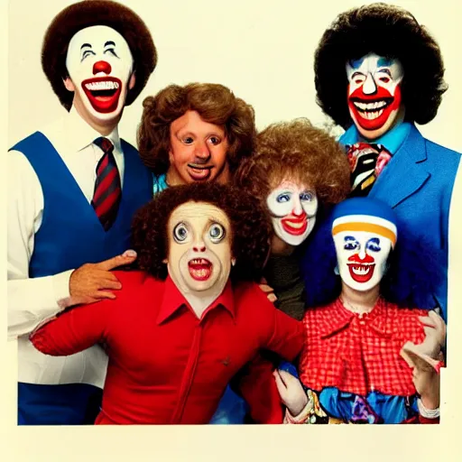 Prompt: vintage 1 9 8 0's sitcom publicity photo, a happy photogenic family and richard simmons as a clown inside a 1 9 8 0's sitcom living room, correct faces, symmetrical faces