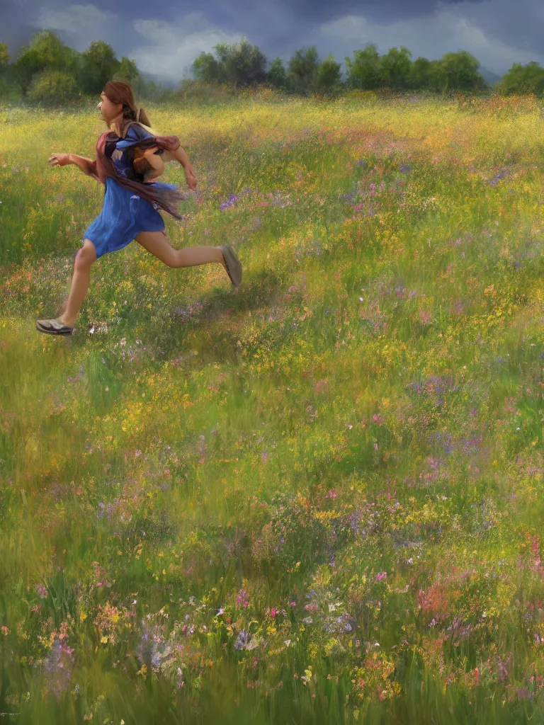 Prompt: running through the wildflowers by disney concept artists, blunt borders, rule of thirds, golden ratio, godly light