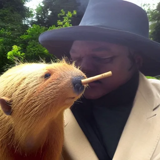 Image similar to smoking cigar, a man wearing a suit capybara head wearing a hat (smoking cigar)