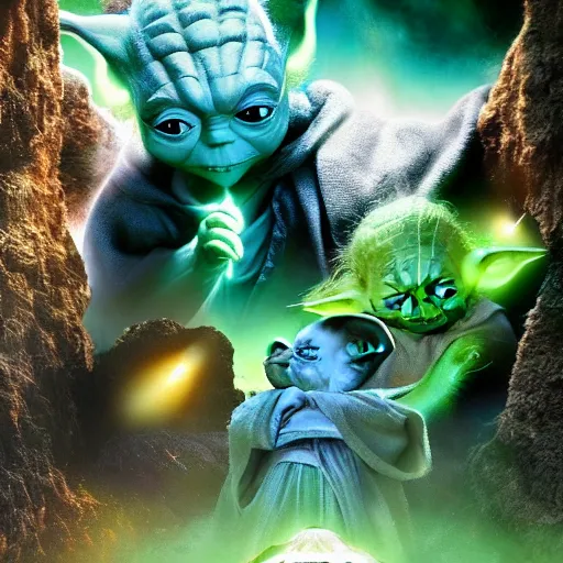 Image similar to stunning awe inspiring photo of various members of yoda's species interacting with eachother and performing strange rituals on their home planet, award winning nature photo 8 k hdr amazing lighting highly detailed, realistic