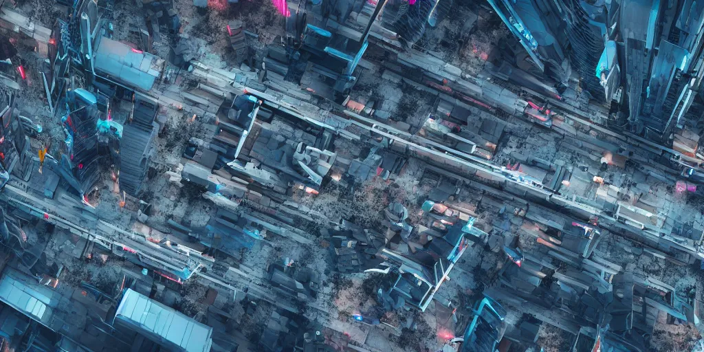 Image similar to drone view of a Cyberpunk city with a large road through, Brutalist architecture,sharp focus,telephoto lens,3D digital art 4k