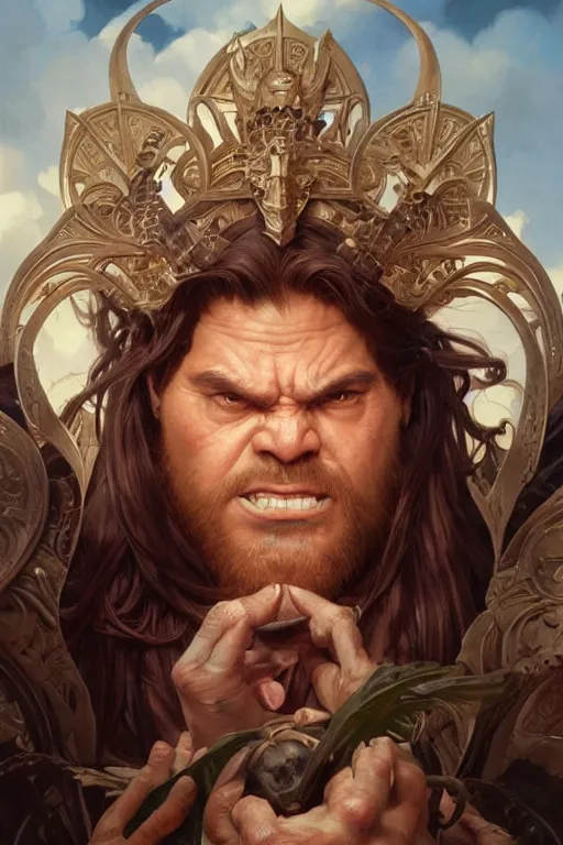 Image similar to hulking herculean ogre jesus christ, masterpiece, intricate, elegant, highly detailed, digital painting, artstation, concept art, smooth, sharp focus, illustration, art by artgerm and greg rutkowski and alphonse mucha and uang guangjian and gil elvgren and sachin teng, symmetry!!