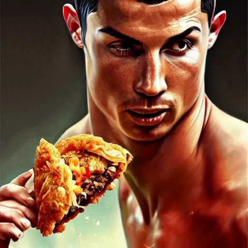 Prompt: Cristiano Ronaldo eating a mighty zinger from KFC, closeup, D&D, fantasy, intricate, elegant, highly detailed, digital painting, artstation, concept art, matte, sharp focus, illustration, art by Artgerm and Greg Rutkowski and Alphonse Mucha