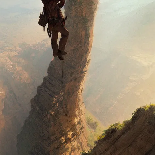 Image similar to looking down onto indiana jones hanging off a cliff by one hand by Greg Rutkowski by James Gurney