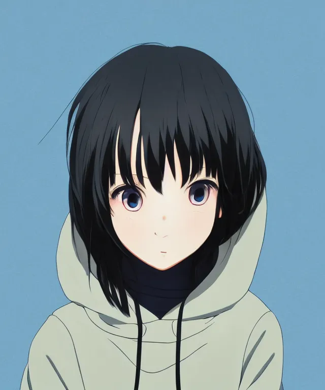 Image similar to anime visual, portrait of a young black haired girl wearing hoodie on the city street background, one person, cute face by yoh yoshinari, katsura masakazu, studio lighting, full body shot, strong silhouette, zoom out, ilya kuvshinov, cel shaded, crisp and sharp, rounded eyes, bright