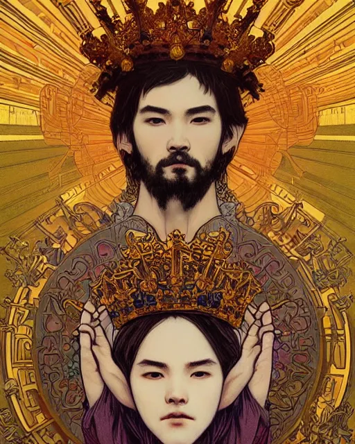 Image similar to symmetrical, centered, young and handsome god close - up portrait wigh crown made of skulls. artwork by tooth wu and wlop and alena aenami and alphonse mucha, brian froud, pablo amaringo