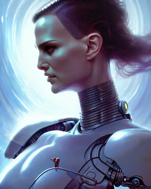 Image similar to natalie portman as a cyborg fantasy character portrait, ultra realistic, wide angle, intricate details, blade runner artifacts, highly detailed by peter mohrbacher, boris vallejo, hajime sorayama aaron horkey, gaston bussiere, craig mullins