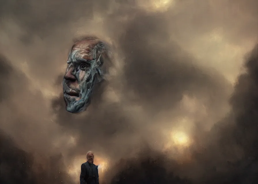 Image similar to abstract obscure painting of grinning Joe Biden head emerging from thick dark clouds, immense crowd of varied people, cosmic horror , trending on ArtStation, masterpiece, by Greg Rutkowski, by Ross Tran, by Fenghua Zhong, octane, lightbeam eyes, soft render, clear facial features, oil on canvas, moody lighting, cinematic, professional detailed environmental concept art