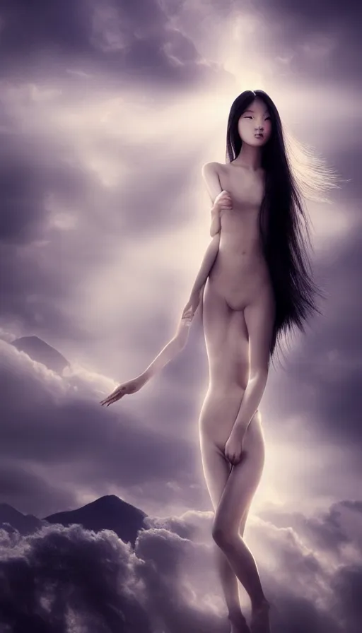 Image similar to photo of a gorgeous young asian girl , full body, high fashion model, searching for eternity, cloud goddess, duality, far away dreamy atmosphere, rays of light, deep shadows, demons in the style of stefan kostic, hyper realistic, sharp focus, 8k high definition, high fashion, vogue, insanely detailed, intricate, elegant, art by stanley lau and artgerm, brom