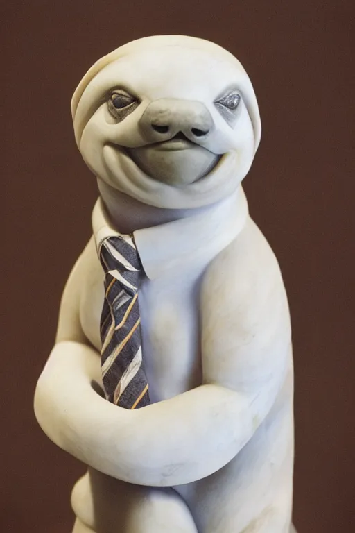 Prompt: white marble sculpture of a sloth wearing a tie, medium format film color photography