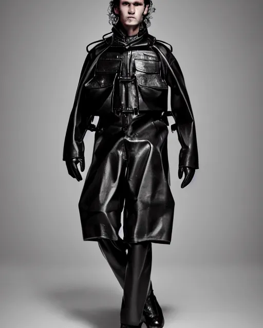 Prompt: an award - winning editorial photo of an irradecent extremely baggy but cropped ancient medieval designer menswear leather police jacket with an oversized large collar and baggy bootcut trousers designed by alexander mcqueen, 4 k, studio lighting, wide angle lens