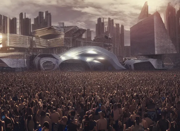 Image similar to ultra realistic, mainstage design of harder styles music festival in 2 0 5 0, futuristic, brutalism, octane render, sharp focus cinematic lighting, dramatic perspective, highly detailed, 4 k, 8 k