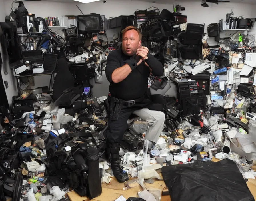 Image similar to SWAT Police group raiding Alex Jones in his INFOWARS studio surrounded by trash and herbal supplements and rubbish and broken camera TV equipment, Alex Jones is very angry, smoke and gas, dramatic press photo