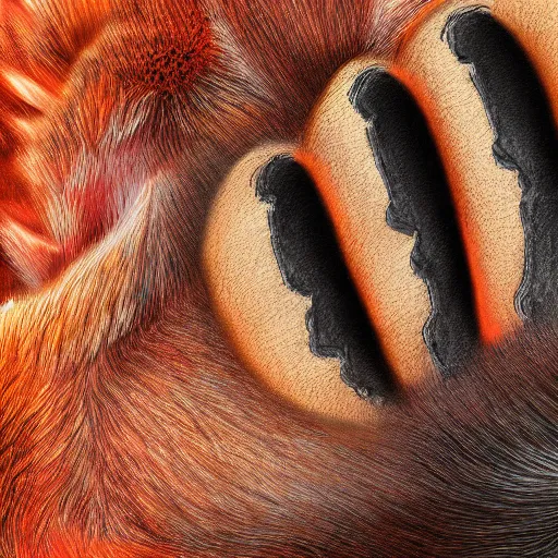 Image similar to underside of a fox paw, fluffy, paw pads, pawprints, anatomically correct vulpine, 4 k, digital art