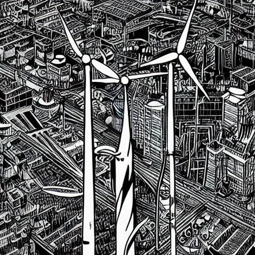 Image similar to Simplistic comic illustration of a wind turbine blueprint, black ball pen on white paper, by Josan Gonzalez and Geof Darrow