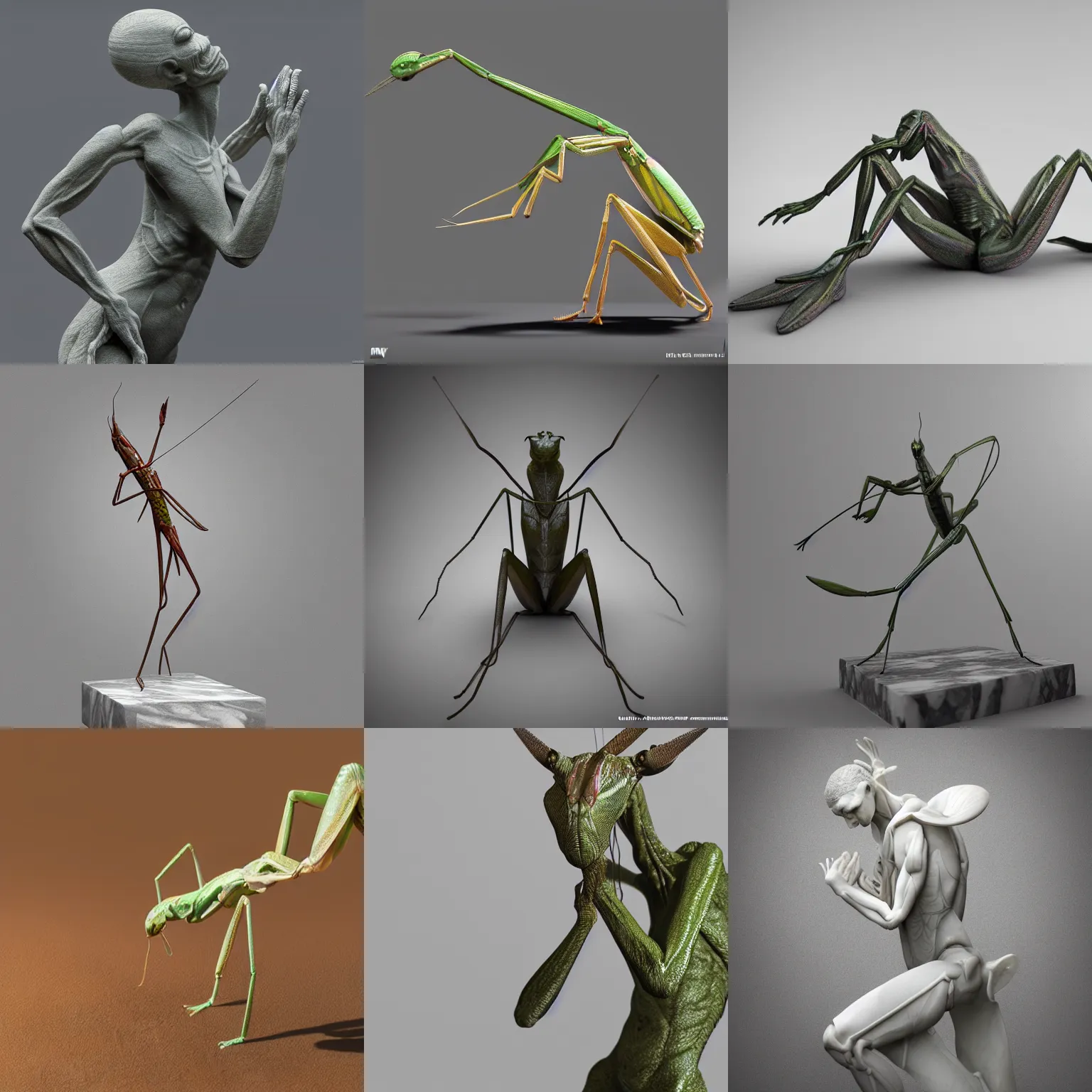 Prompt: marble sculpture of a praying mantis, realistic, unreal engine render, octane render, hyper realistic, photo, 8 k, cinematic lighting