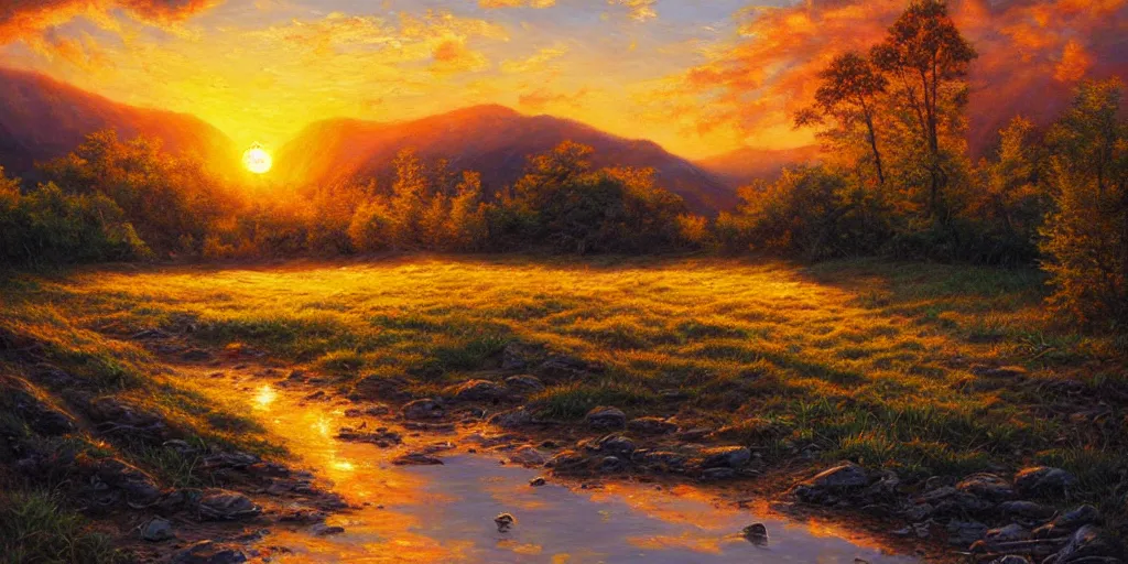 Image similar to golden hour nature landscape, oil painting, ultra realistic, highly detailed, hd, sharp focus, cinematic lighting, warm colors, realistic, photorealistic, vivid colors, painting, non blurry, sharp, smooth, illustration
