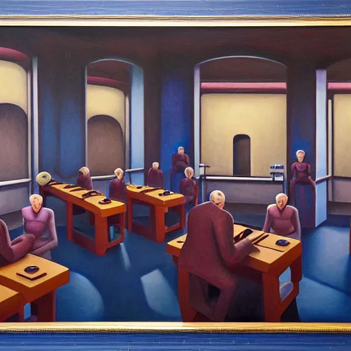 Prompt: droid factory, ( ( ( grant wood ) ) ), pj crook, ( ( ( edward hopper ) ) ), oil on canvas