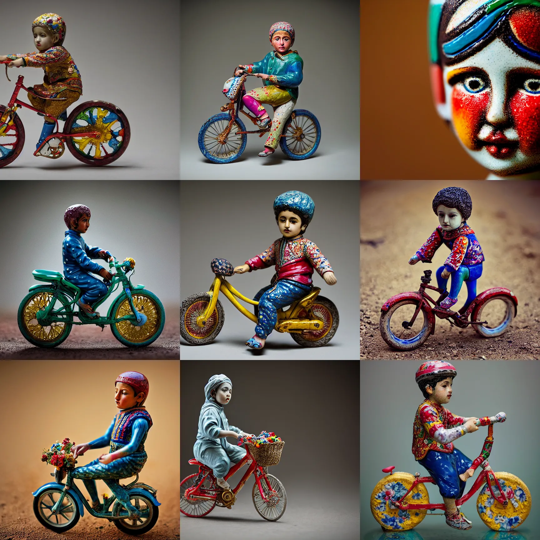 Prompt: portrait of a porcelain figurine of Iranian child on a bike, colourful, detailed, depth of field, intricate, delicate, by Jonas Jensen, Magnum photos