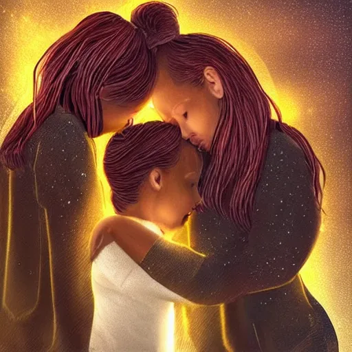 Image similar to “A family hugging each other for the last time as the world is ending.meteors are falling from the sky. everything is on fire, dramatic lighting, digital art, very very very very very very beautiful, 8K, dark lighting, trending on Artstation, award winning”