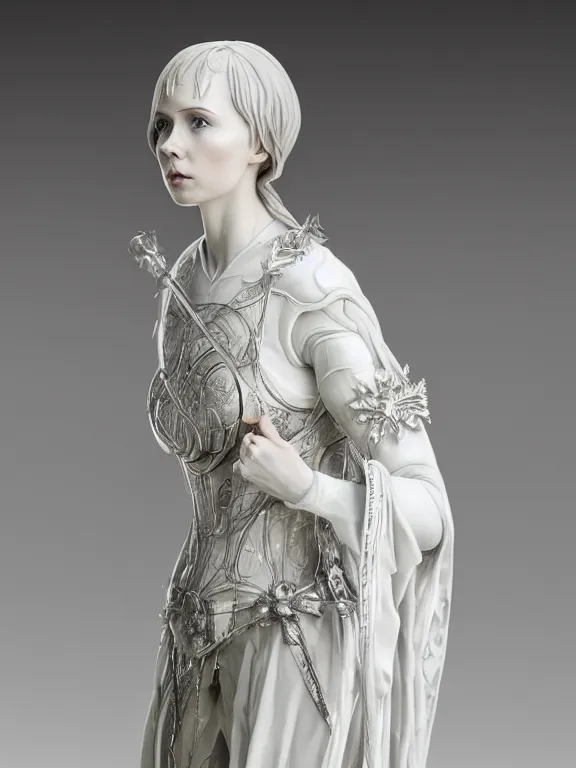 Prompt: a dramatically lit art nouveau white marble and silver portrait sculpture of a very young karen gillan as joan of arc, delicate, intricate, smooth, beautiful, glowing, by charles van der stappen