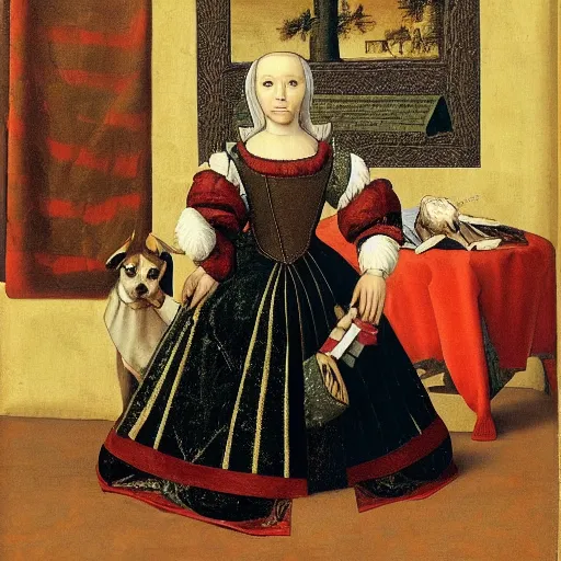 Image similar to a dog in a dress during the renaissance