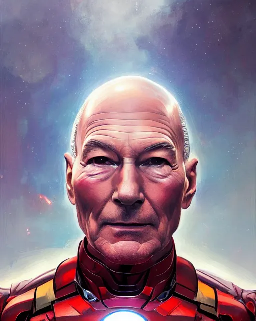 Image similar to a highly detailed portrait of Sir Patrick Stewart as Iron Man, heroic pose, by greg rutkowski and android jones in a surreal portrait style, oil on canvas, ancient cyberpunk 8k resolution, masterpiece