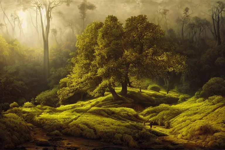 Image similar to masterpiece painting of oak trees on a hillside overlooking a creek, dramatic lighting, by andreas franke