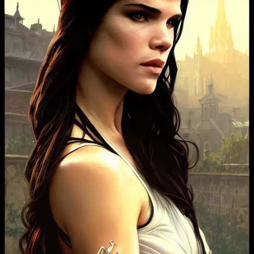 Prompt: beautiful Marie Avgeropoulos as Rosemarie Hathaway from Vampire Academy movie as GTA character, vampires fantasy, closeup, D&D, intricate, elegant, highly detailed, digital painting, artstation, concept art, matte, sharp focus, illustration, art by Artgerm and Greg Rutkowski and Alphonse Mucha