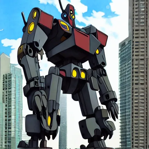 Prompt: a big mech in the city, anime, hyperrealistic