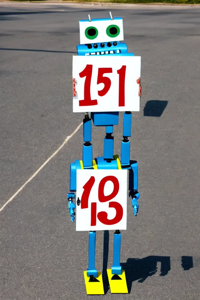 Image similar to cute anthropomorphic robot holding sign saying'1 5 0'