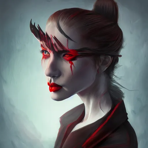 Image similar to Portrait of a vampire, highly detailed, digital painting, concept art, smooth, sharp focus, illustration, strong lines and bold colors, atmosphere and tension, Japanese, trending on artstation