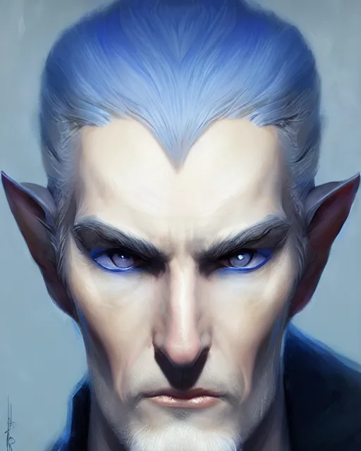 Image similar to character portrait of a slender half - elven man with white hair and intense blue eyes, by greg rutkowski, mark brookes, jim burns, tom bagshaw, trending on artstation