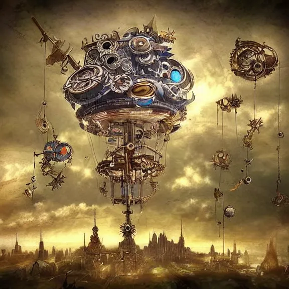Image similar to flying city in a mechanical flower, sky!, fantasy art, steampunk, masterpiece, behrens style