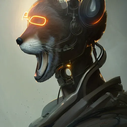 Image similar to Portrait of a tall anthropomorphic fox scientist wearing a futuristic bio suit, intricate, cinematic lighting, highly detailed, digital painting, artstation, concept art, smooth, sharp focus, illustration, art by Artgerm and Greg Rutkowski