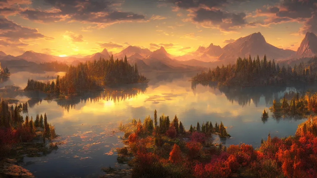 Image similar to amazing landscape with lake in sunset, fantasy artwork, very very very beautiful scenery, hd, hdr, ue5, ue6, unreal engine 5, cinematic 4k wallpaper, 8k, ultra detailed, high resolution, artstation, award winning